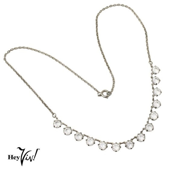 Vintage Fine Silver Metal Chain Necklace w Prong Set Rhinestones 18" - Hey Viv - Picture 1 of 5